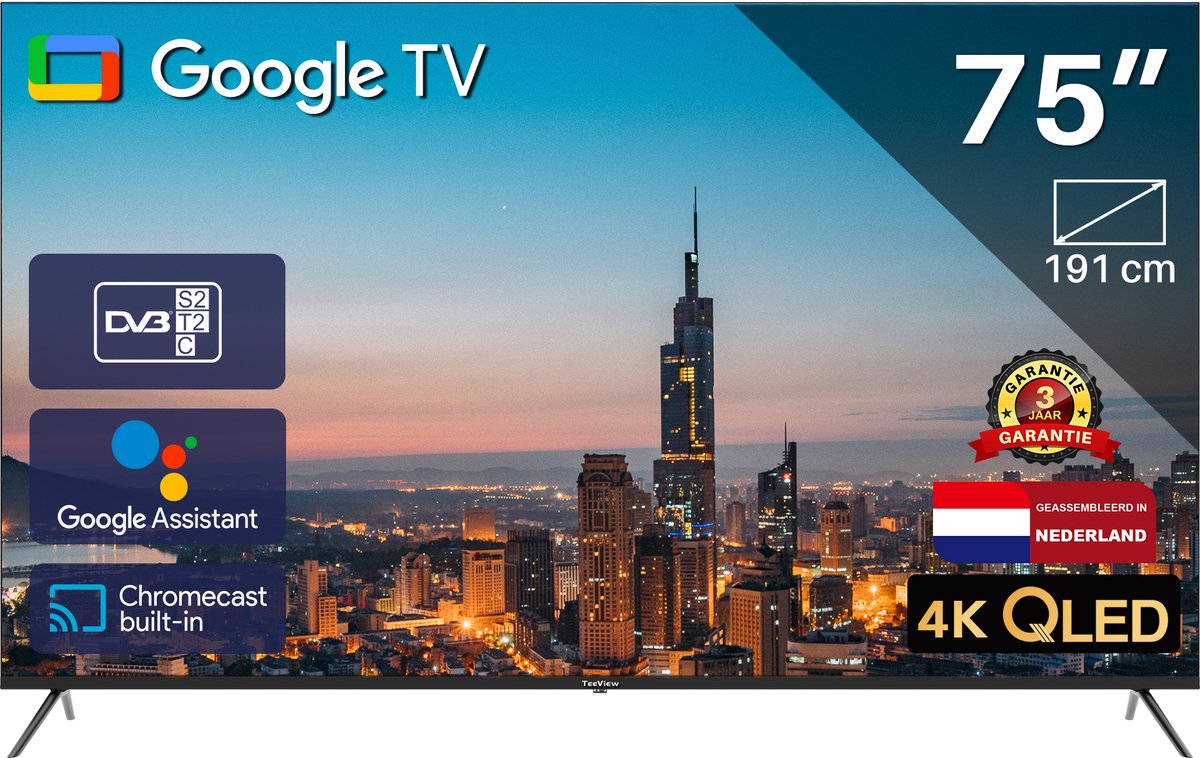 Google Smart TV | TeeView 75" QLED 4K | 3xHDMI, 2x USB | Ci+ - Google - €719,00