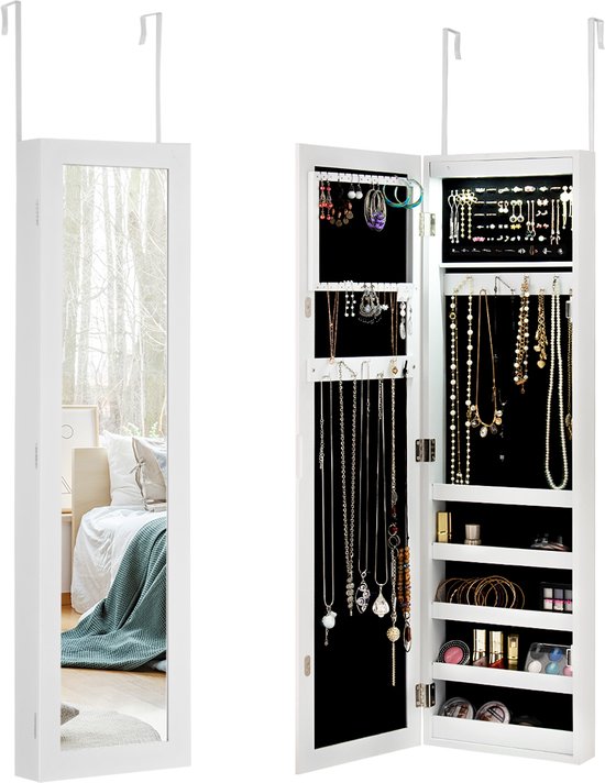 COSTWAY Sieradenkast met spiegel - Kastje voor sieraden aan de muur - Wit