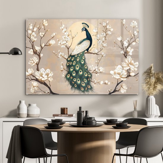 MuchoWow® Tableau sur verre 120x80 cm - Tableau sur verre acrylique - Paon - Branche - Fleurs - Photo sur verre - Décoration murale salon - Décoration murale chambre - Peintures