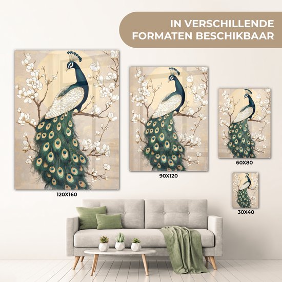 MuchoWow® Peinture sur verre 60x80 cm - Peinture sur verre acrylique - Paon - Branche - Fleurs - Photo sur verre - Décoration murale salon - Décoration murale chambre - Peintures