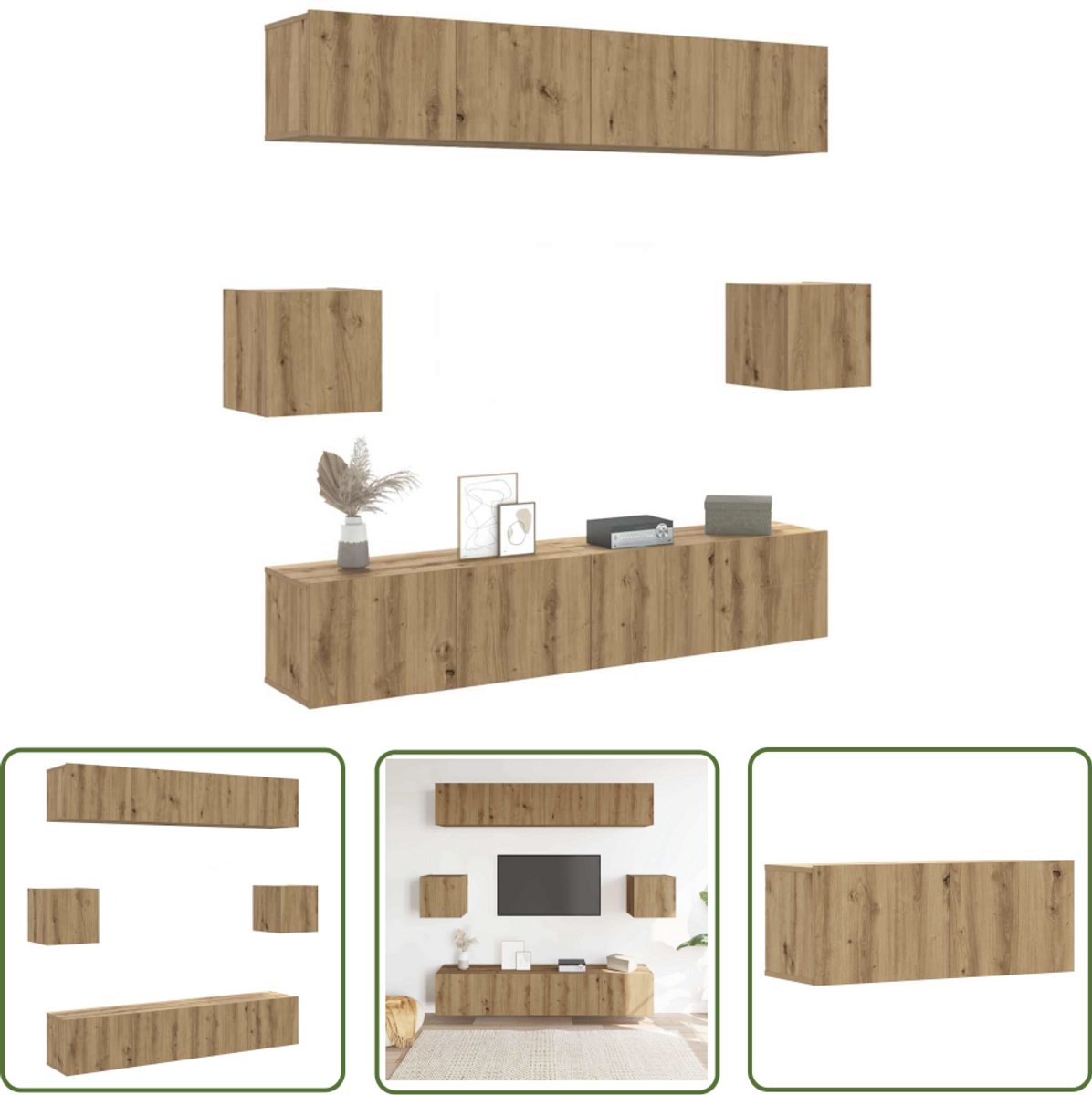 vidaXL Salontafel - Tv Kast - 6-delig Tv-meubelset wandmontage bewerkt hout artisanaal eiken - Houten Tv Stand - Media Kast - Opbergkast