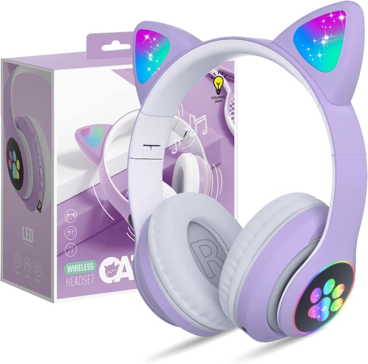 Bluetooth Kap Koptelefoon voor Kinderen met LED en Microfoon – Draadloze Stereo Over-Ear Hoofdtelefoon voor Telefoon en PC (Paars)