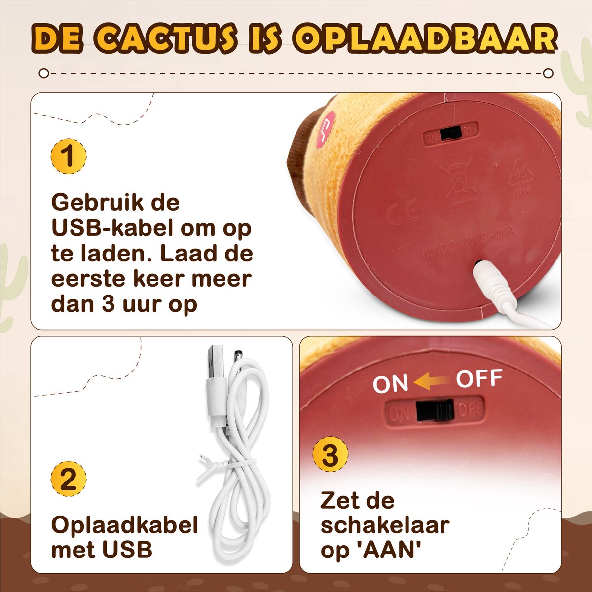 Bailanta® Dansende Cactus - Pratende Cactus - Kinder Speelgoed - Interactieve Knuffel - Nederlandse Handleiding - Pratende Knuffel – Cactus Speelgoed – USB Opladen – Geeft Licht – Met Cowboy Outfit – 120 Liedjes - Zingende Cactus - Perfect Cadeau — afbeelding 6