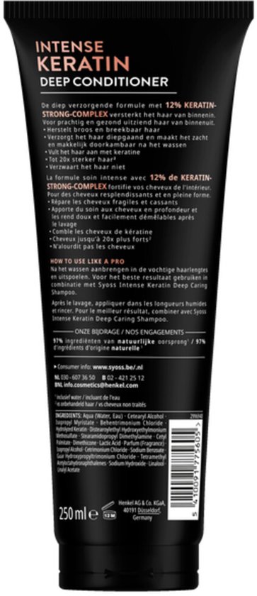 Arrière du tube Syoss Intense Keratin avec liste des ingrédients et instructions d'utilisation.
