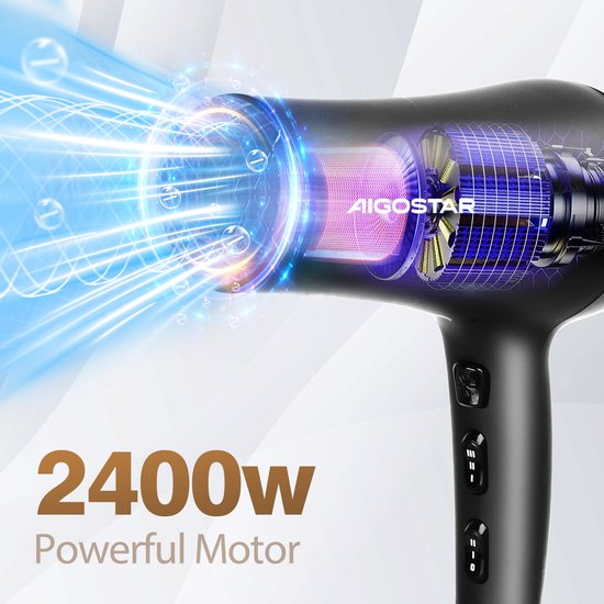 Gedetailleerde weergave van de interne motor van de zwarte Aigostar haardroger, 2400W, met blauwe luchtstromen.