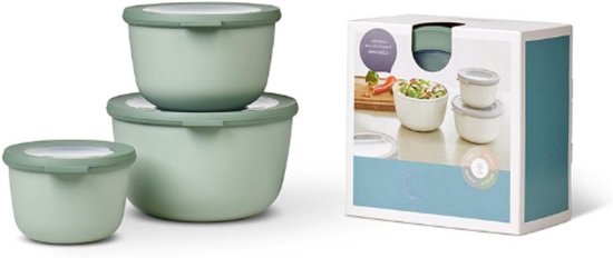 Multikom Cirqula 3-Delige Set - 500+1000+2000 Ml - Nordic Sage - Vershoudkommen Met Deksel - Vriezer- Magnetron- En Vaatwasserbestendig