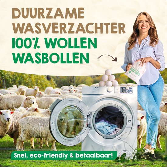 Femme avec un sac de boules de séchage près d'une machine à laver ouverte, avec des moutons en arrière-plan.