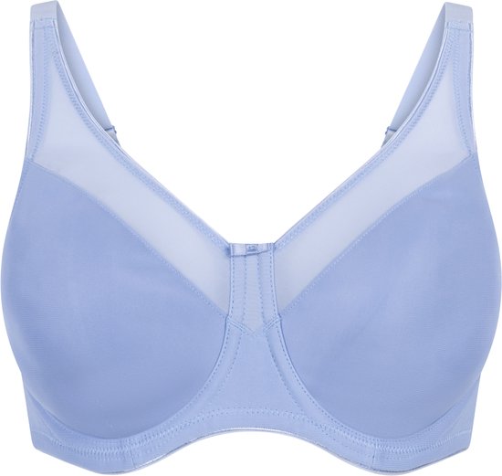 Blauwe minimizer beugel bh met mesh-details op de cups, zonder model.