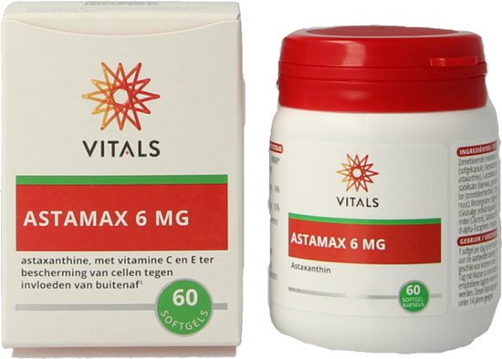 Verpakking met Vitals Astamax 6 mg softgels, astaxanthine met vitamine C en E ter bescherming van cellen.