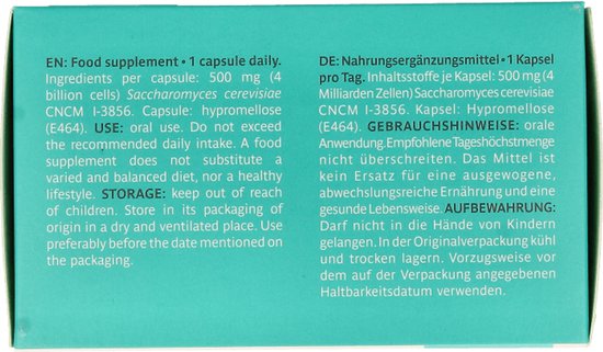 Zijkant van verpakking met informatie in het Engels en Duits over de "Cerevisia" capsules.