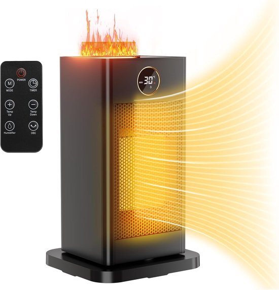 Elektrische Kachel - Keramische Ventilatorkachel - 1500W - met LED Luchtbevochtiger - 90° Oscillerende - Thermostaat - Timer 1-12 u - 15℃- 45℃ Warmtestanden - Afstandsbediening - Eco- & Ventilatormodus - 18 x 16 x 28.5 cm - Zwart