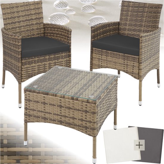 tectake® - wicker meubelen tuinset met verwisselbare hoezen, 2 stoelen en tafel met glazen blad, 2x outdoor loungestoelen met armleuningen en tuintafel, tuinmeubelset, balkonmeubilair - natuurkleur - poly-rattan
