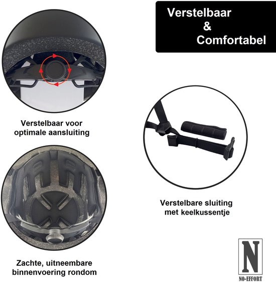 NO-EFFORT Fietshelm Volwassenen - Met LED Verlichting - Verstelbare Fiets Helm - Elektrische Fiets - Fatbike - Speedpedelec - Maat M 55 - 58 cm - Zwart - Cycling Helmet — afbeelding 3
