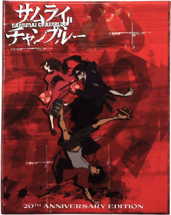 20ste verjaardageditie van Samurai Champloo, met anime-personages in actie op een rode achtergrond.