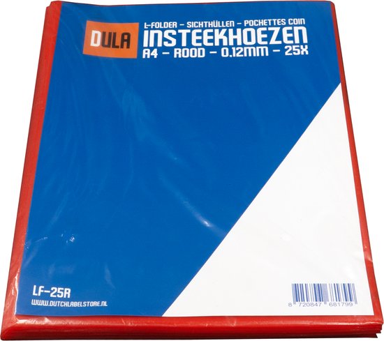Verpakking van 25 rode A4 insteekmappen van DULA, 0,12 mm dik.