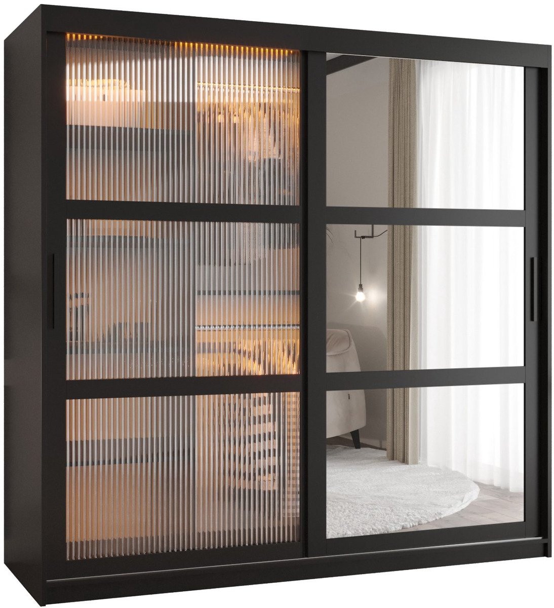 AJE Meubles B.V. Zweefdeurkast Kledingkast met 2 schuifdeuren glanzen slaapkamerkast Kledingstang met planken Garderobekast met geribbeld glas - ARTON 2 (180 cm, Zwart)