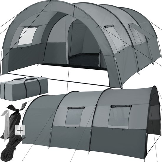 tectake® - Tunneltent voor 6 personen - Familietent op stahoogte - Voortent - Campingtent grote slaapcabine met grondzeil - 4 ramen, waterafstotend, 480 x 350 x 195 cm, donkergrijs/lichtgrijs