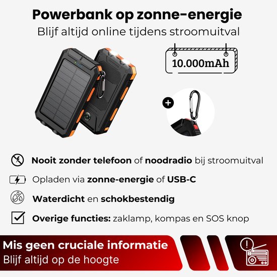 Zwarte powerbank op zonne-energie met oranje accenten, 10.000mAh, waterdicht en schokbestendig, met zaklamp en karabijnhaak.