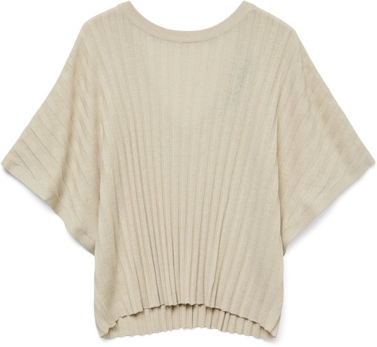 Pull beige à col rond et manches chauve-souris courtes, tricot côtelé.