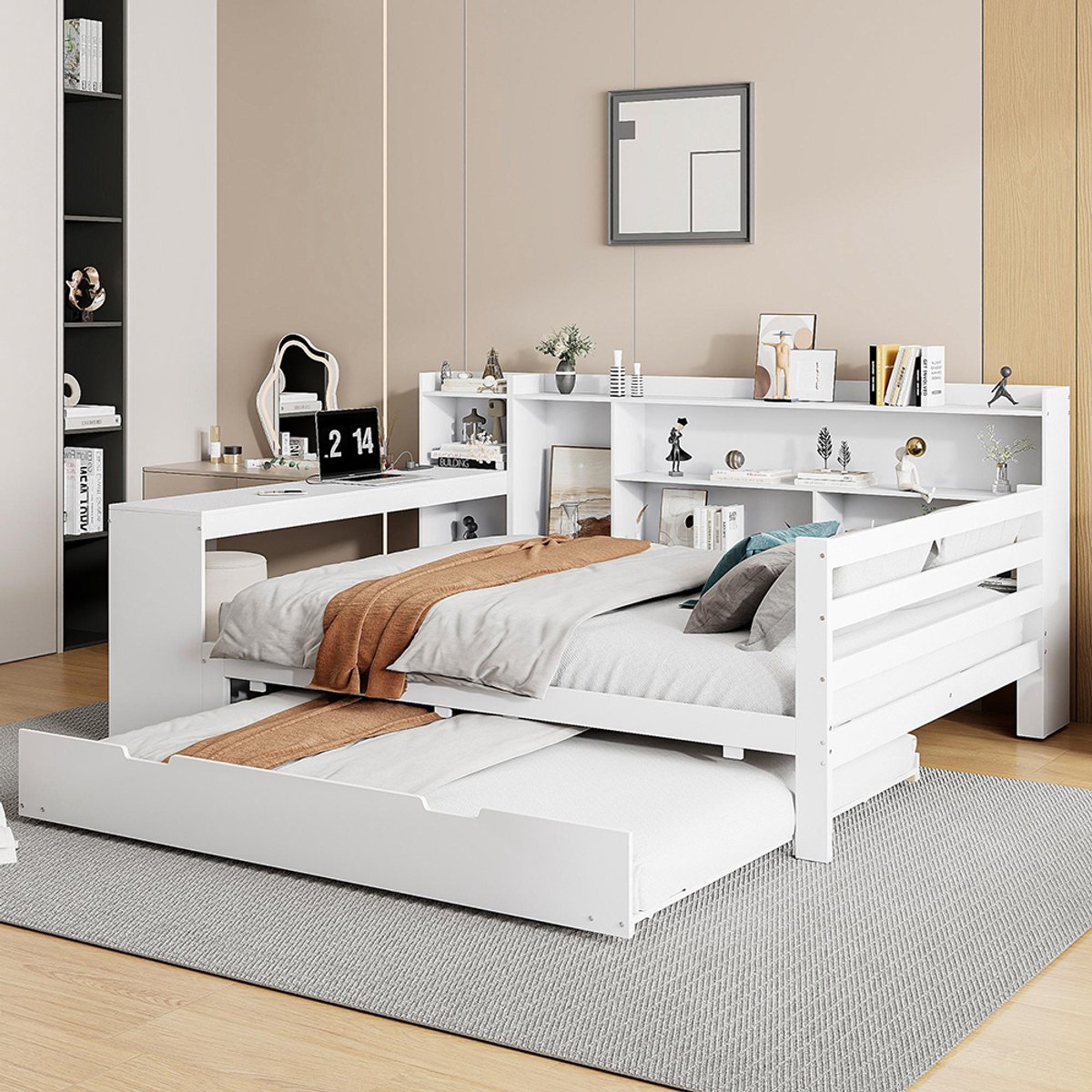 KOMHTOM Volwassen bed Gecombineerd bed Sofabed in massief hout 140x200 cm met bureau, planken, opbergvakken en planken met inklapbaar bed wit