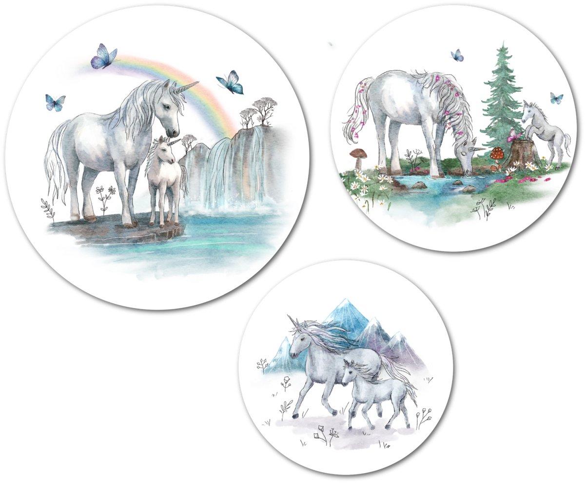 Muurcirkel / Wandcirkel Unicorns klein - set van 3 muurcirkels + ophangsysteem - Decoratie kinderkamer / babykamer jongens & meisjes