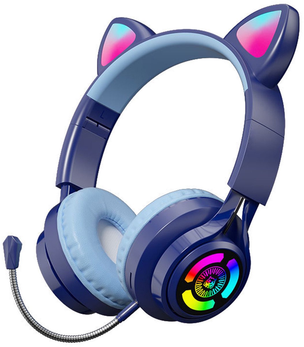 KINSI Schattige Kattenoor Over Ear Koptelefoon, Draadloze Bluetooth-hoofdtelefoon met RGB-verlichting & Bedrade Optie, Perfecte Luisterervaring