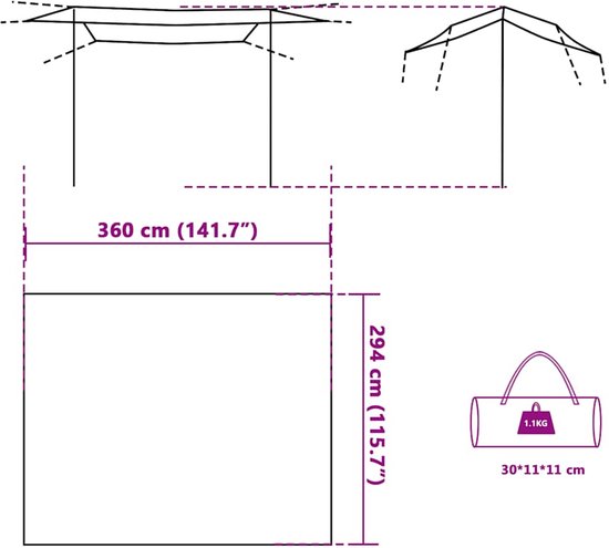 Représentation schématique des dimensions de la bâche : 360 x 294 cm.
