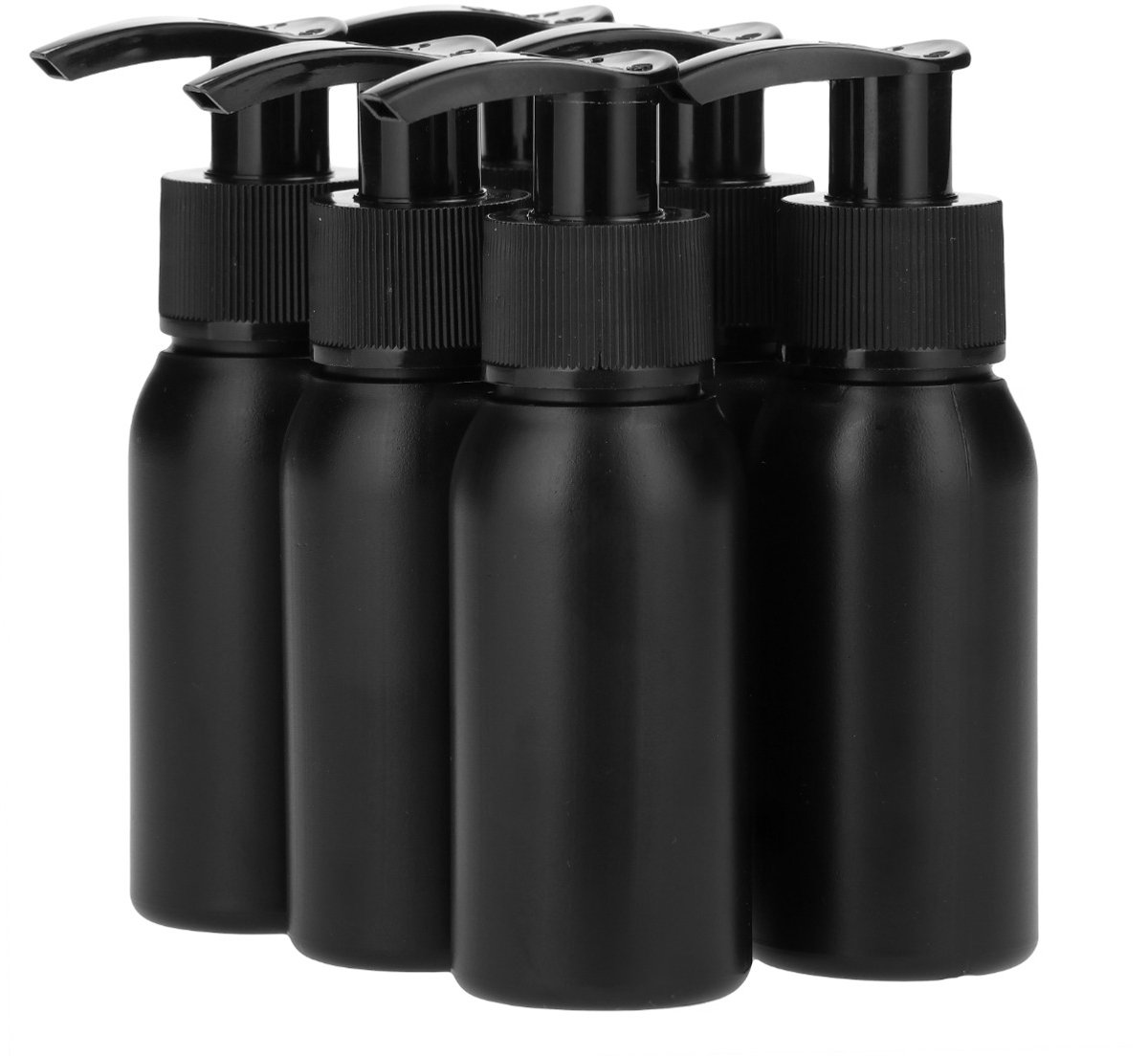 6 x 50 ml ronde fles HDPE zwart + Zeepfles Dispenserpomp zwart - BPA Vrij - Niet Breekbaar - Plastic Flesjes Navulbaar - Met Dop - Lege Flessen - 6 stuks.
