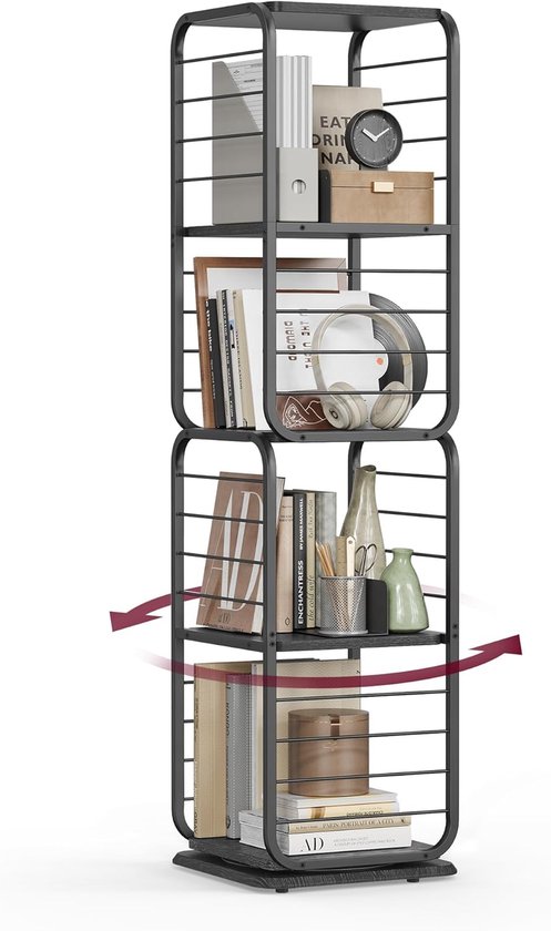 Foto: Furnstar boekenkast draaibaar rek met 4 niveaus boekensteunen hoekrek voor kleine ruimtes stalen frame inktzwart lls127b56