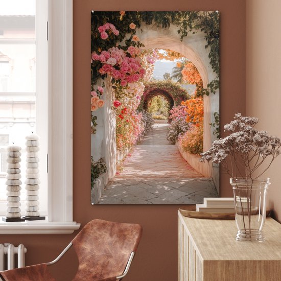 MuchoWow® Peinture sur verre 80x120 cm - Peinture sur verre acrylique - Vue à travers - Arche - Fleurs - Pastel - Photo sur verre - Décoration murale salon - Décoration murale chambre - Peintures