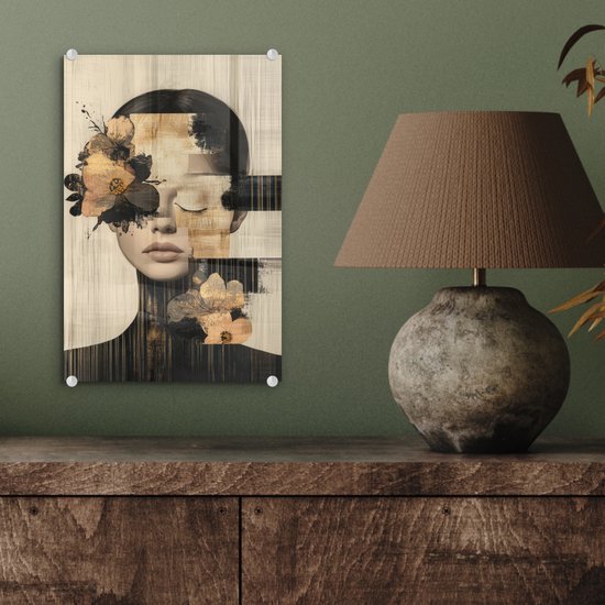 MuchoWow® Glasschilderij 20x30 cm - Schilderij acrylglas - Gezicht - Bloemen - Zwart - Vrouw - Foto op glas - Muurdecoratie woonkamer - Wanddecoratie slaapkamer - Schilderijen