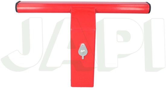 Rood metalen trekhaakslot in T-vorm met een zilverkleurig slotmechanisme.
