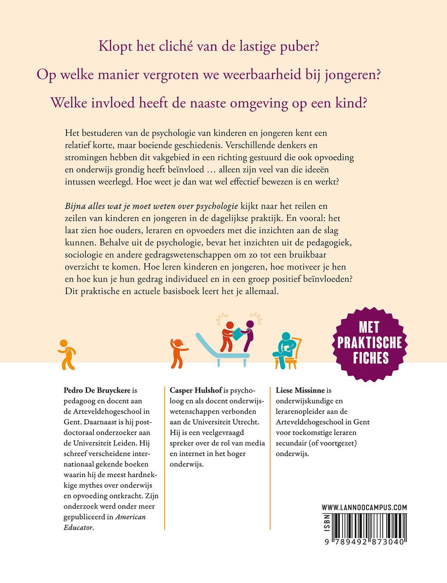 Boekomslag met tekst en illustraties van psychologie en auteurs. Lannoo Campus.