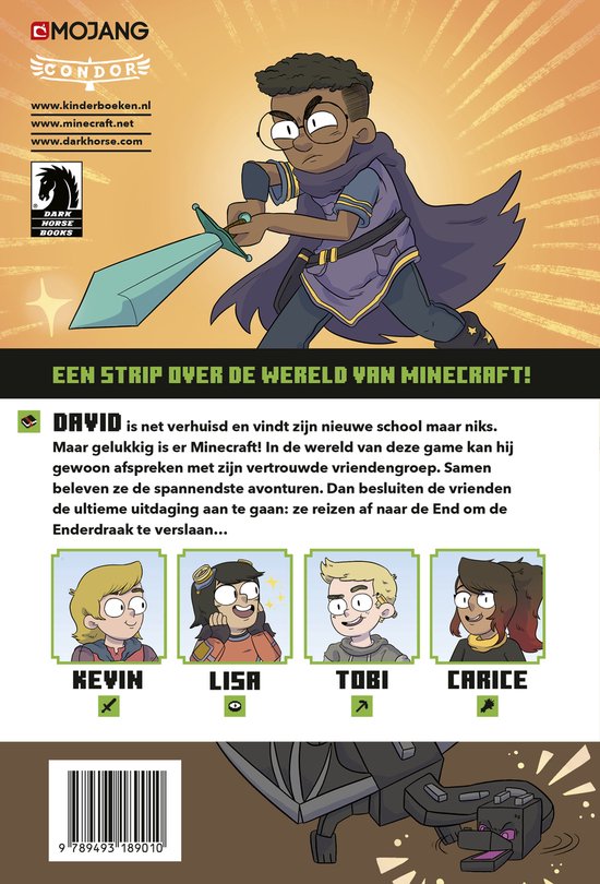 Stripboek met op de voorkant een jongen met bril en paarse cape, zwaaiend met een zwaard. Vier andere kinderen staan onderaan.
