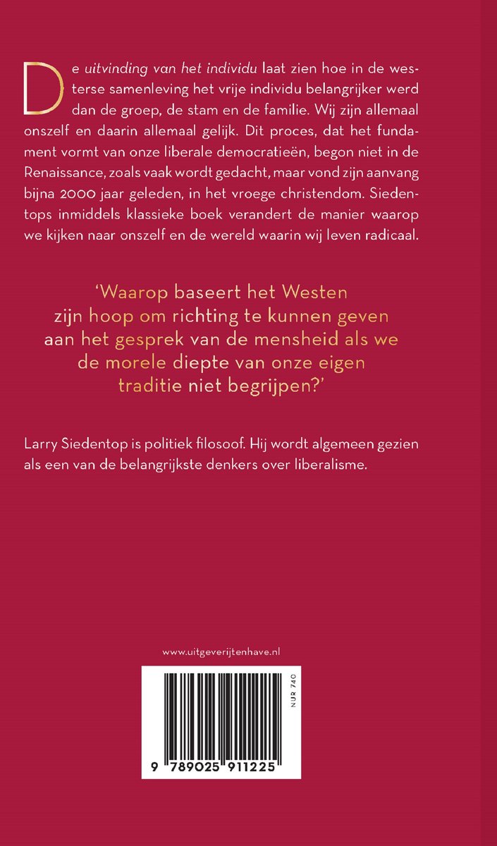 Achterkant van een boek met tekst over 'De uitvinding van het individu' en een barcode.