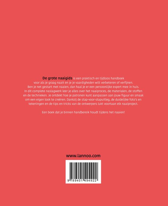 Boekomslag met tekst 'De grote naaigids' en website www.lannoo.com. ISBN nummer.