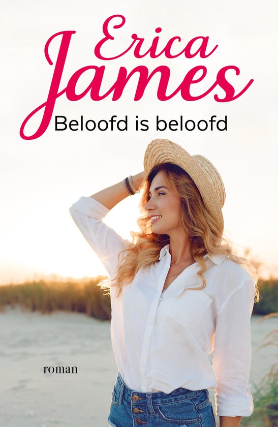 Boek 'Beloofd is beloofd' van Erica James, met een vrouw op het strand met strooien hoed.
