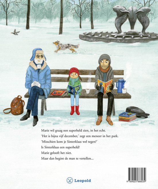 De achterkant van het boek SuperSint toont een winterse scène met een gezin op een bankje in het park, met sneeuw op de grond.