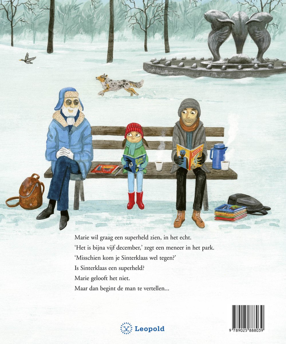 De achterkant van het boek SuperSint toont een winterse scène met een gezin op een bankje in het park, met sneeuw op de grond.