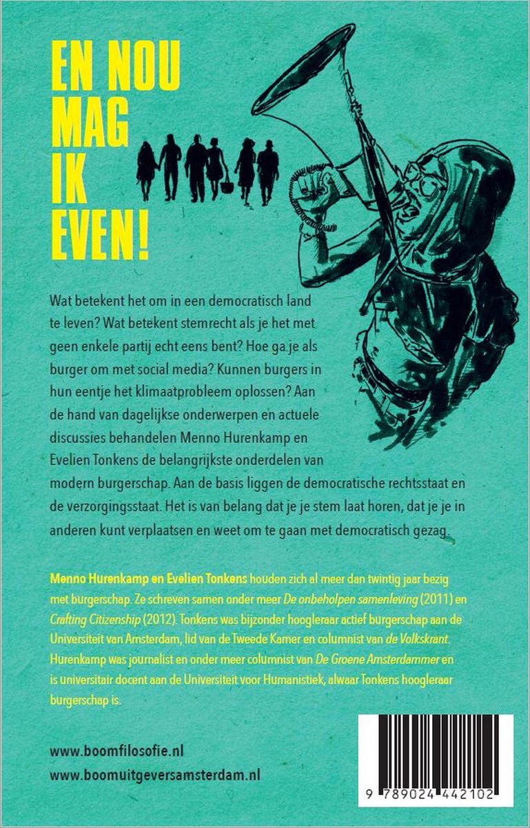 Boekomslag met de titel "En nou mag ik even!" in gele letters, met een illustratie van een persoon met een megafoon en een groep mensen.