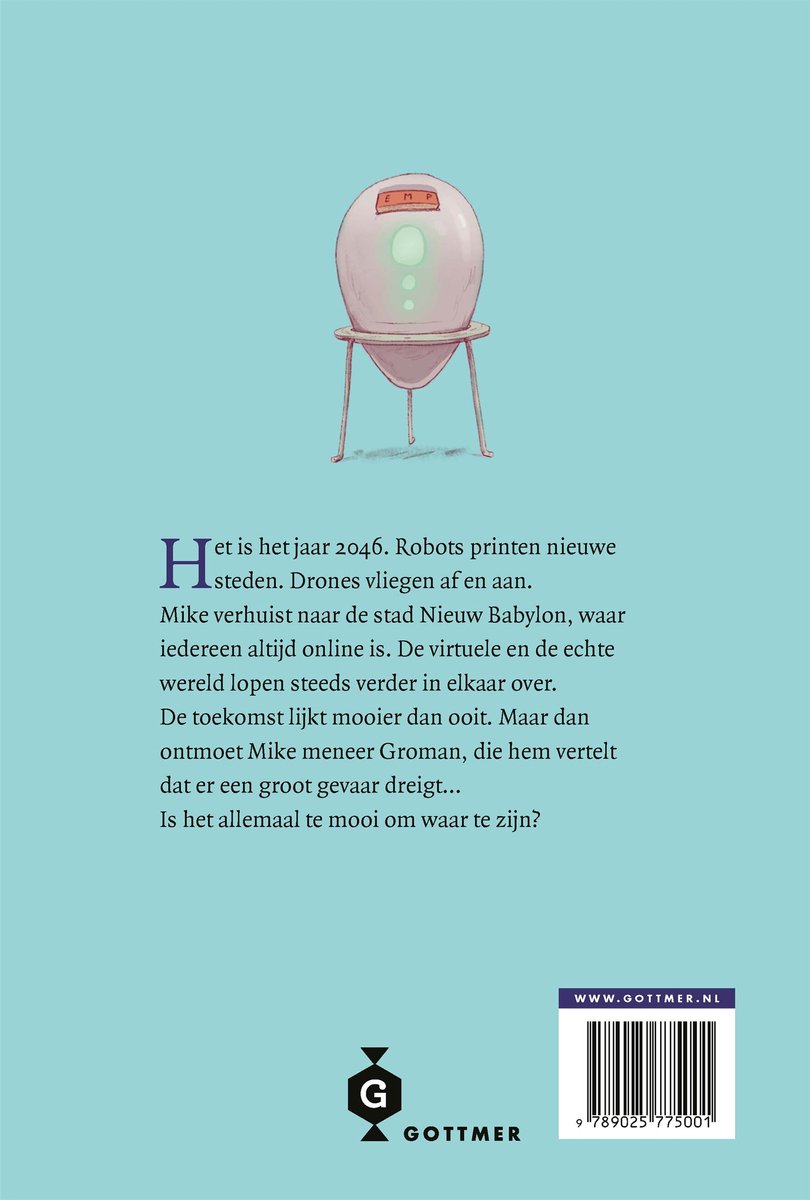 Achterkant van het boek 'Offline' met een illustratie van een futuristisch object en tekst. Titel: Offline. Gottmer.nl