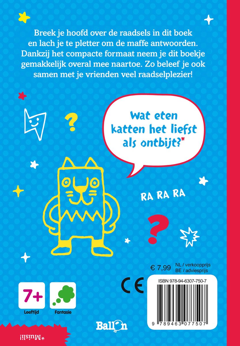 Boek "Raadsels voor kinderen" met een gele kat en de tekst "Wat eten katten het liefst als ontbijt?", ISBN 978-9463077507.