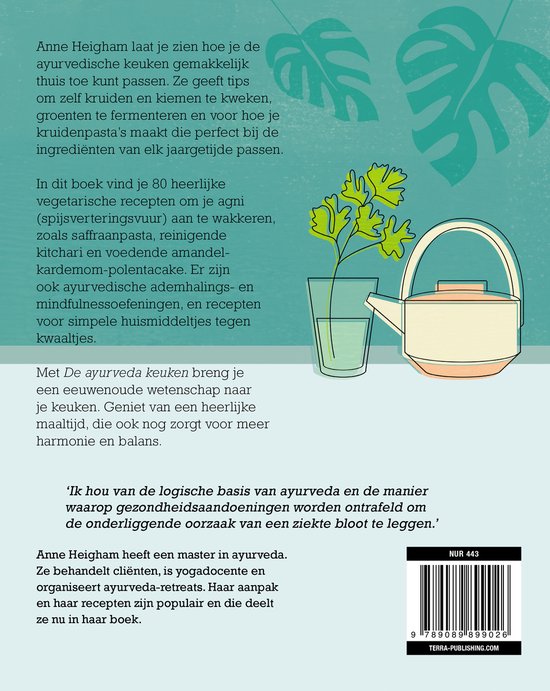 Boekomslag met Ayurvedische keuken illustratie, tekst in het Nederlands.
