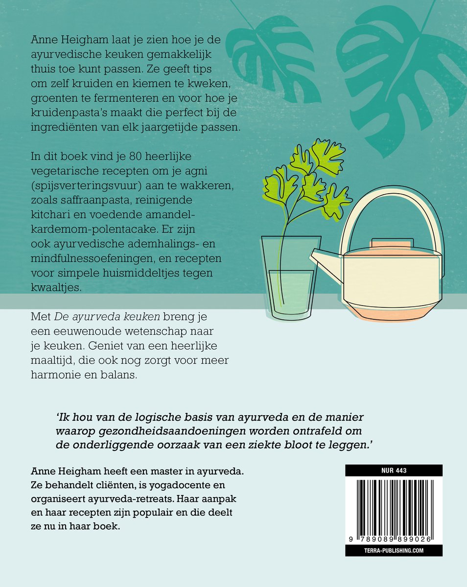 Boekomslag met Ayurvedische keuken illustratie, tekst in het Nederlands.
