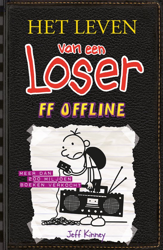 Boekomslag van Het leven van een Loser: Ff offline. Tekening van Bram Botermans met cassetterecorder op gelinieerd papier.