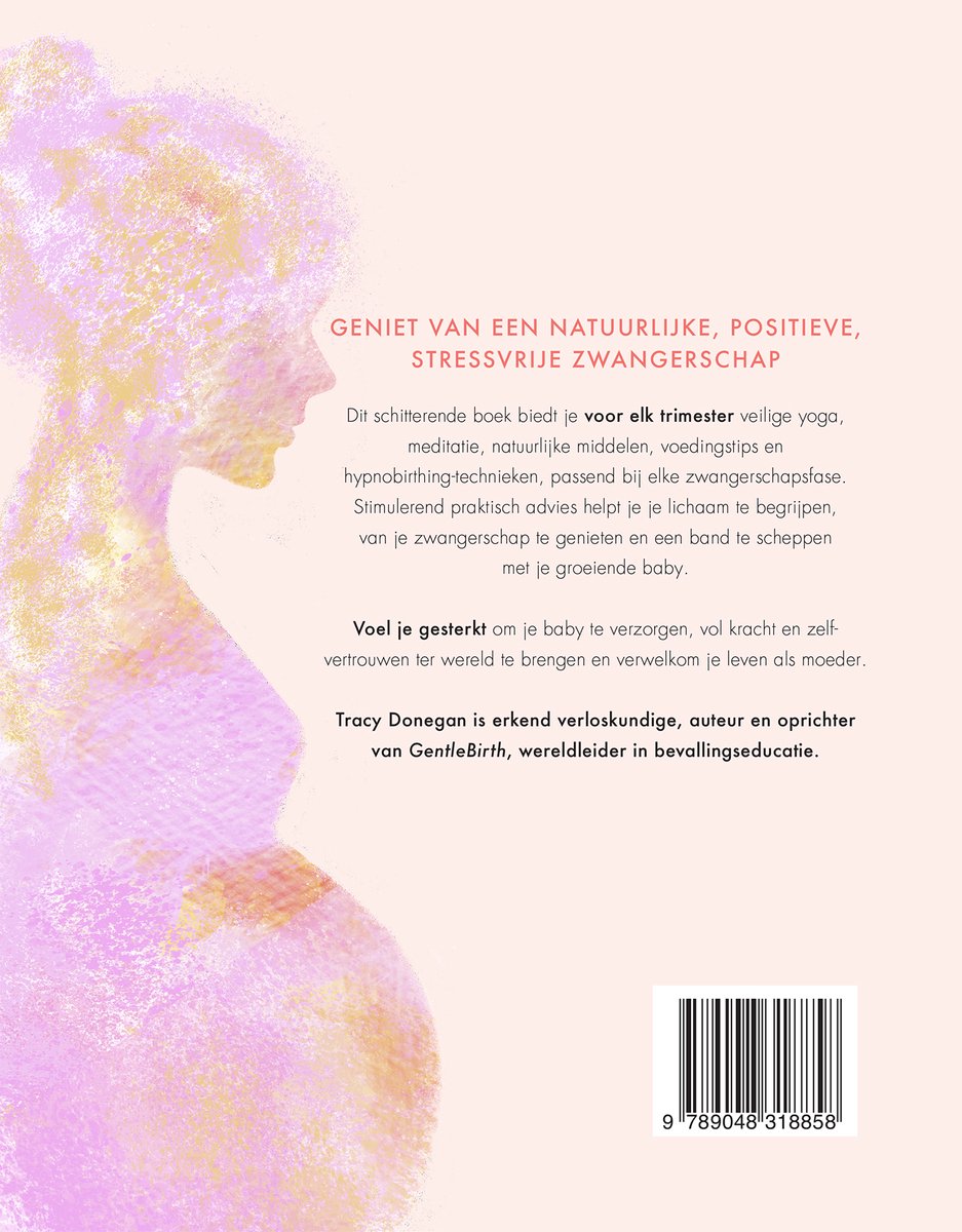 Achterkant boek "Mindful Zwanger" met aquarel van zwangere vrouw en tekst over een positieve zwangerschap, yoga, meditatie en hypnobirthing.