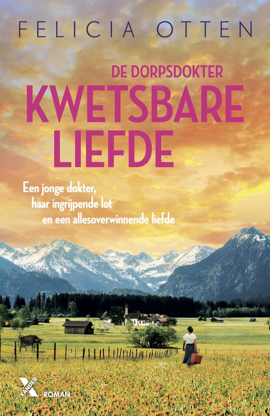 Boekcover met tekst 'Kwetsbare liefde' en een schilderachtig berglandschap met een vrouw die een mand draagt.