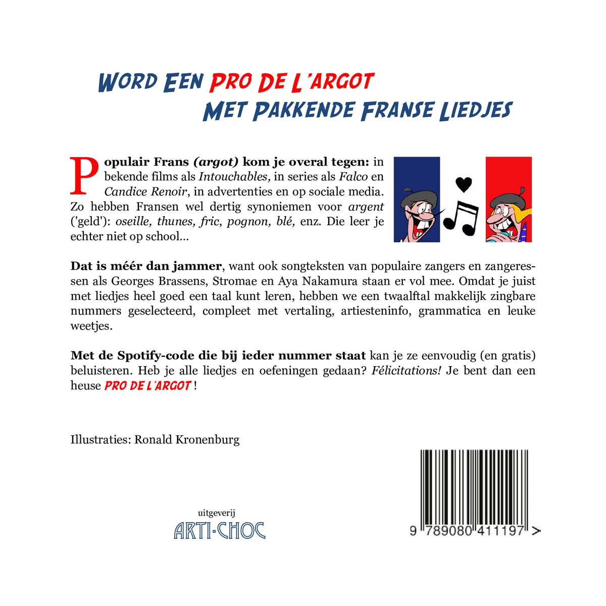 Illustraties van Ronald Kronenburg, 'WORD EEN PRO DE L'ARGOT MET PAKKENDE FRanse LIEDJES'. Twee geanimeerde figuren met baret in gesprek.