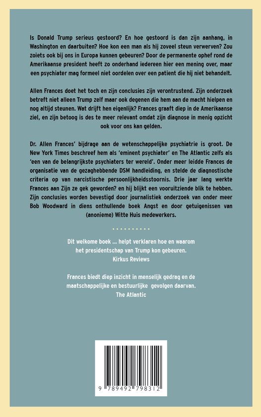 Achterkant van het boek 'Zijn ze gek geworden?' met tekst over Allen Frances en Donald Trump.