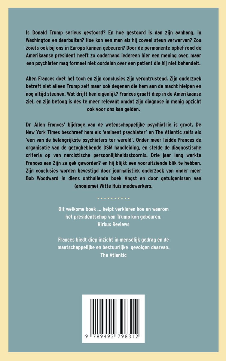 Achterkant van het boek 'Zijn ze gek geworden?' met tekst over Allen Frances en Donald Trump.